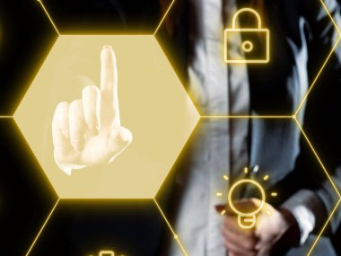 Man sitting at the table with laptop. Big white speech bubble for text overhead. Empty Dialog box on bright colored background. drawing illustration.