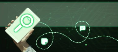 Man sitting at the table with laptop. Big white speech bubble for text overhead. Empty Dialog box on bright colored background. drawing illustration.