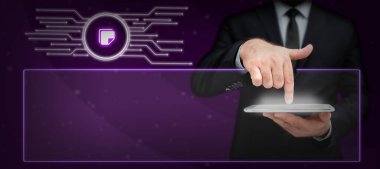 Man sitting at the table with laptop. Big white speech bubble for text overhead. Empty Dialog box on bright colored background. drawing illustration.