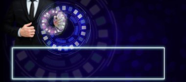 Man sitting at the table with laptop. Big white speech bubble for text overhead. Empty Dialog box on bright colored background. drawing illustration.