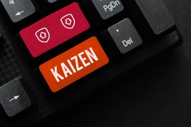 Kaizen 'i gösteren metin yazısı, iş görüşü Japon iş felsefesinin çalışma uygulamalarını geliştirme felsefesi.