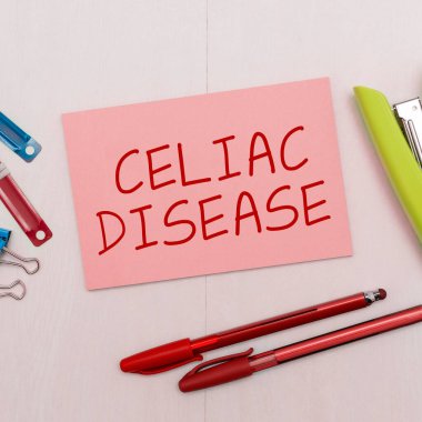 Text caption presenting Celiac Disease, Internet Concept Small intestine is hypersensitive to gluten Digestion problem