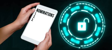 Conceptual caption Nominations, Business concept the act of officially suggesting someone for a job or position