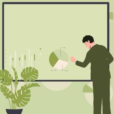 Man sitting at the table with laptop. Big white speech bubble for text overhead. Empty Dialog box on bright colored background. Vector drawing illustration.