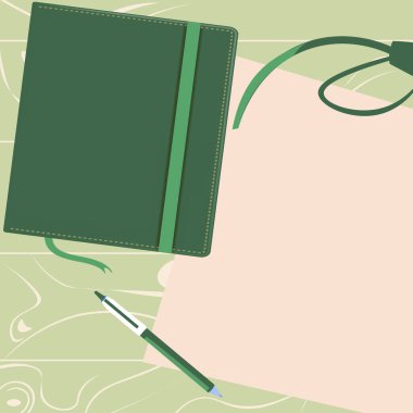 Notebook laying on desk. Paper near books. Empty space for advertising.