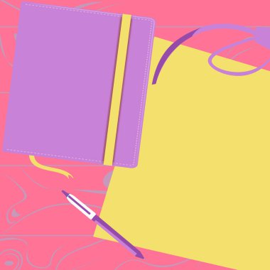 Notebook laying on desk. Paper near books. Empty space for advertising.