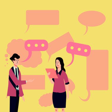 Man sitting at the table with laptop. Big white speech bubble for text overhead. Empty Dialog box on bright colored background. Vector drawing illustration.