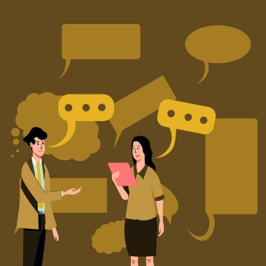 Man sitting at the table with laptop. Big white speech bubble for text overhead. Empty Dialog box on bright colored background. Vector drawing illustration.