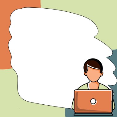 Man sitting at the table with laptop. Big white speech bubble for text overhead. Empty Dialog box on bright colored background. Vector drawing illustration.