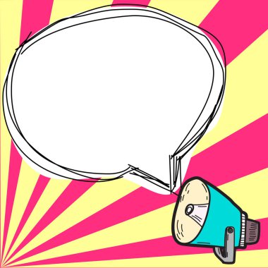 Man sitting at the table with laptop. Big white speech bubble for text overhead. Empty Dialog box on bright colored background. Vector drawing illustration.