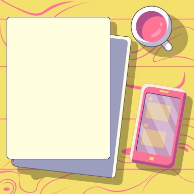 Phone with messages on screen. Illustration with notebook and cup.