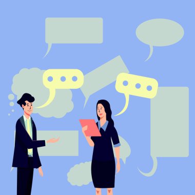 Man sitting at the table with laptop. Big white speech bubble for text overhead. Empty Dialog box on bright colored background. Vector drawing illustration.