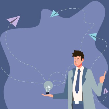 Bussinesman In Suit Holding Buib And show information. Colored dialog box.