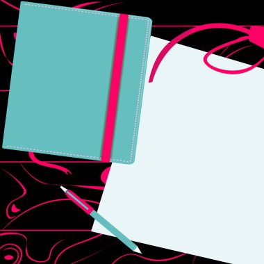 Notebook laying on desk. Paper near books. Empty space for advertising.