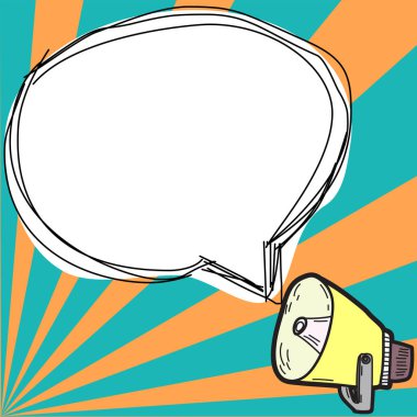 Man sitting at the table with laptop. Big white speech bubble for text overhead. Empty Dialog box on bright colored background. Vector drawing illustration.