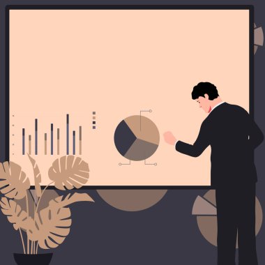 Man sitting at the table with laptop. Big white speech bubble for text overhead. Empty Dialog box on bright colored background. Vector drawing illustration.