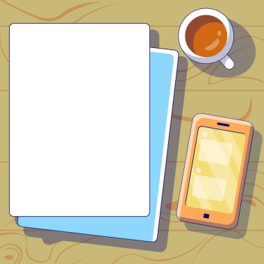 Man sitting at the table with laptop. Big white speech bubble for text overhead. Empty Dialog box on bright colored background. Vector drawing illustration.