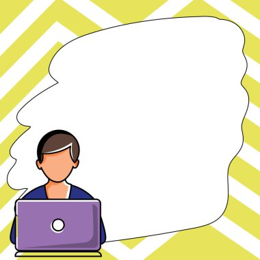 Man sitting at the table with laptop. Big white speech bubble for text overhead. Empty Dialog box on bright colored background. Vector drawing illustration.