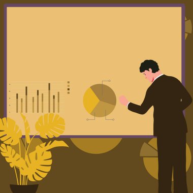 Man sitting at the table with laptop. Big white speech bubble for text overhead. Empty Dialog box on bright colored background. Vector drawing illustration.