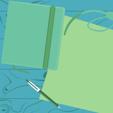 Notebook laying on desk. Paper near books. Empty space for advertising.