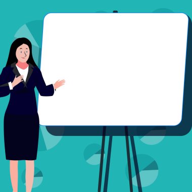 Woman in office presenting main message on the big white shcool board.