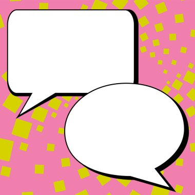 Man sitting at the table with laptop. Big white speech bubble for text overhead. Empty Dialog box on bright colored background. Vector drawing illustration.