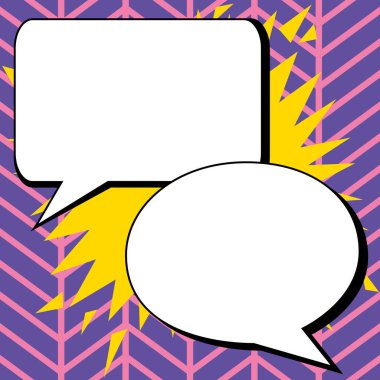 Man sitting at the table with laptop. Big white speech bubble for text overhead. Empty Dialog box on bright colored background. Vector drawing illustration.