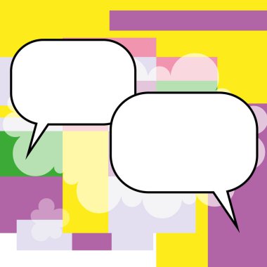 Man sitting at the table with laptop. Big white speech bubble for text overhead. Empty Dialog box on bright colored background. Vector drawing illustration.