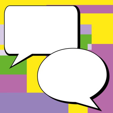 Man sitting at the table with laptop. Big white speech bubble for text overhead. Empty Dialog box on bright colored background. Vector drawing illustration.