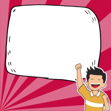 Happy boy presenting important information. White speech bubble for text.