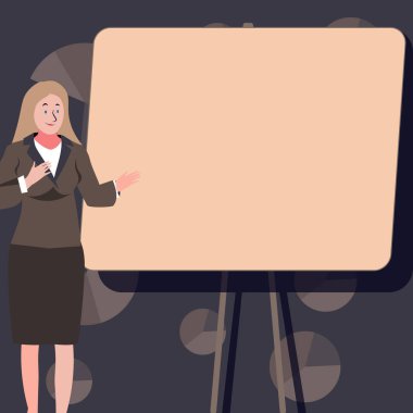 Woman in office presenting main message on the big white shcool board.