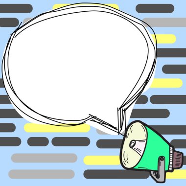 Man sitting at the table with laptop. Big white speech bubble for text overhead. Empty Dialog box on bright colored background. Vector drawing illustration.