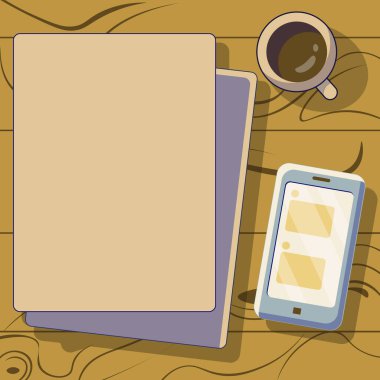 Phone with messages on screen. Illustration with notebook and cup.