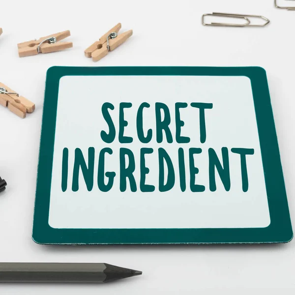 Writing displaying text Secret Ingredient, Word for special technique or materials used by a company in manufacturing its products