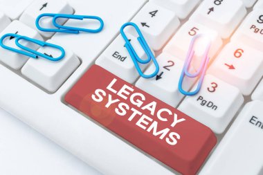 Writing displaying text Legacy Systems, Business approach old method technology computer system or application program