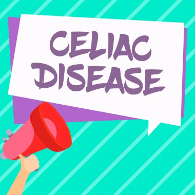 Text caption presenting Celiac Disease, Internet Concept Small intestine is hypersensitive to gluten Digestion problem
