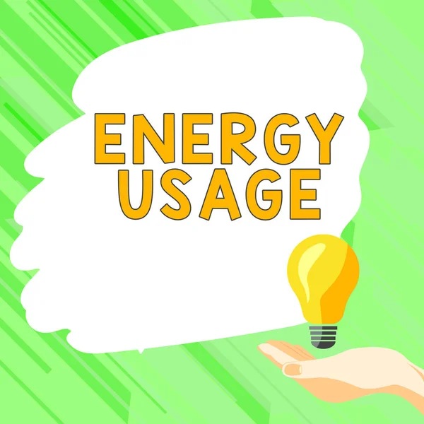 说明能源使用 商业概念的文字标题在过程或系统中消耗或使用的能源数量 — 图库照片