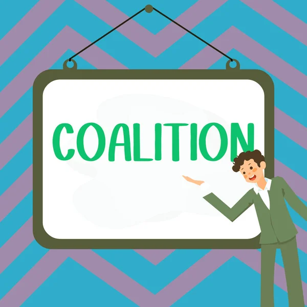 Text Sign Showing Coalition Concept Meaning Temporary Alliance Distinct Parties — Fotografia de Stock