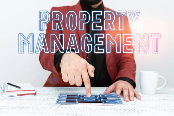 Sign displaying Property Management, Word Written on Overseeing of Real Estate Preserved value of Facility