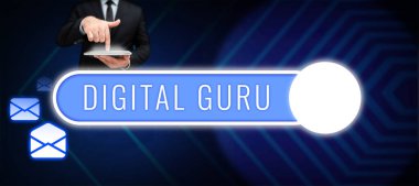 Text caption presenting Digital Guru, Business overview teacher and intellectual guide in matters of fundamental concern of electronics