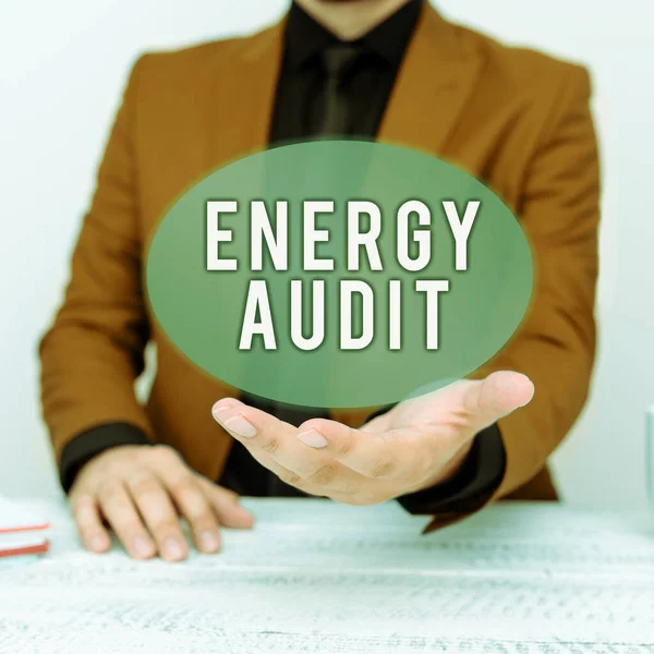Kézírás Jel Energia Audit Internet Egy Épület Energiaszükségletének Hatékonyságának Felmérése — Stock Fotó