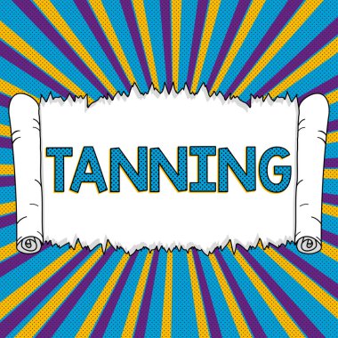 Text caption presenting Tanning, Business idea a natural darkening of the scin tissues after exposure to the sun