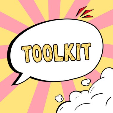 Bir çanta veya kutu içinde tutulan ve belirli bir amaç için kullanılan araçların kavramsal fotoğraf seti olan Araç kitini gösteren işareti