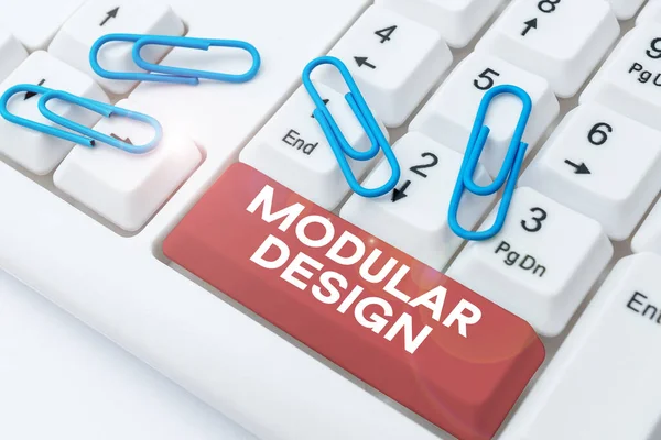 Text sign showing Modular Design, Business approach product designing to produce product by integrating or combining independent parts