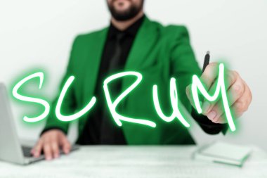 Conceptual display Scrum, Business showcase handwriting as distinct from print written characters of play