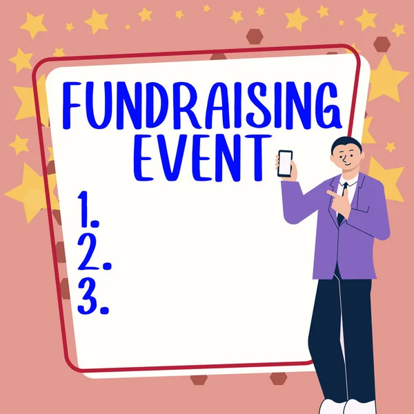 募金イベントを示すテキストサイン 原因のためにお金を集めることを目的とした事業概要キャンペーン — ストック写真