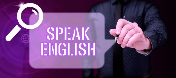 Text Sign Showing Speak English Concept Meaning Studium Dalšího Cizího — Stock fotografie