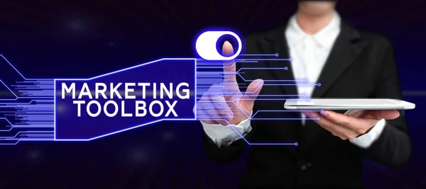 Scrierea Textului Marketing Toolbox Ideea Afaceri Înseamnă Promovarea Unui Produs — Fotografie, imagine de stoc