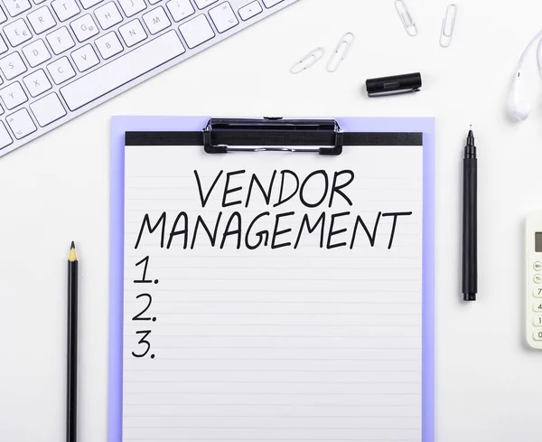 Text Sign Showing Vendor Management Business Concept Activities Included Researching — Stock Photo, Image