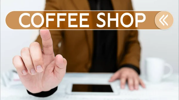 コンセプトキャプションコーヒーショップ インターネットコンセプトコーヒーと軽食を提供する小さなインフォーマルレストラン — ストック写真